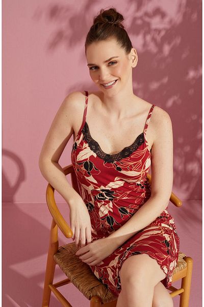 Temporium Women's Patterned Lace Detailed Cotton Combed Nightdress with Rope Strap