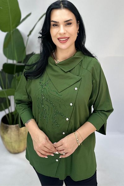 GÖKSEL Green Poplin Bluz with Side Buttons Large Size