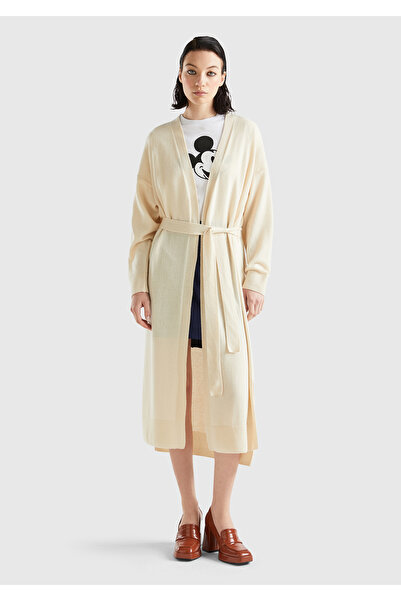 United Colors of Benetton Cardigan de damă bej - amestec de lână și cravată î...