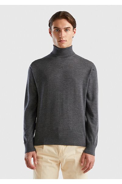 United Colors of Benetton Ανδρικό γκρι Extra Fine Merino - Πουλόβερ με γιακά
