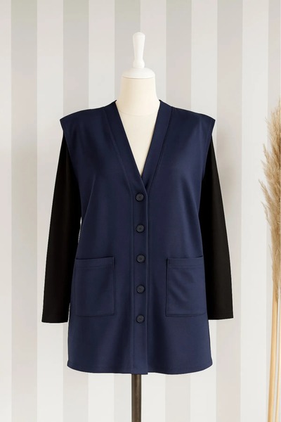 FATELLA Women's Mother's Slim Navy Blue Combed Cotton Vest Mother's Day