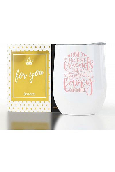 Thermal mug with Onebttl message, stainless steel, white/pink, 11.5 x 8 cm