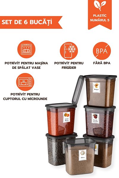 Ginza Maison Set Of 6 Jumbo Food Boxes (6X2000 ML), Transparent Anthracite, With 25 Self-adhesive Gift Labels