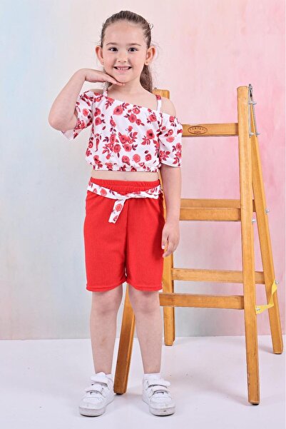 TRENDİMİZBİR Shoulder Open Floral Patterned Girl's Summer 2-Piece Set – Red