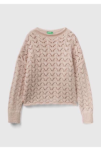 United Colors of Benetton Pulover din tricot cu efect 3d, amestecat de lână, roz deschis, pentru femei