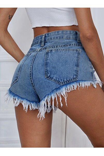 OFF THE CUFF Mom Fit Jean 90s Kadın Mavi Püsküllü Paça, Yüksek Bel, Rahat Denim-kot Şort