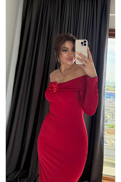 Daves Madonna Collar Rose Λεπτομερές ελαστικό μακρύ φόρεμα-Κόκκινο