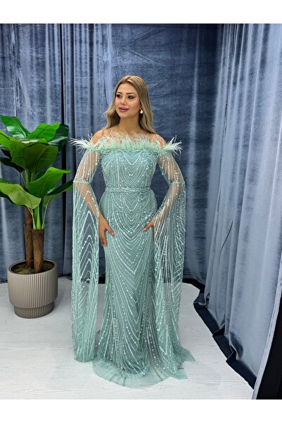 E&A Eren Abiye Tüy detaylı taşlı abiye Mint yeşili