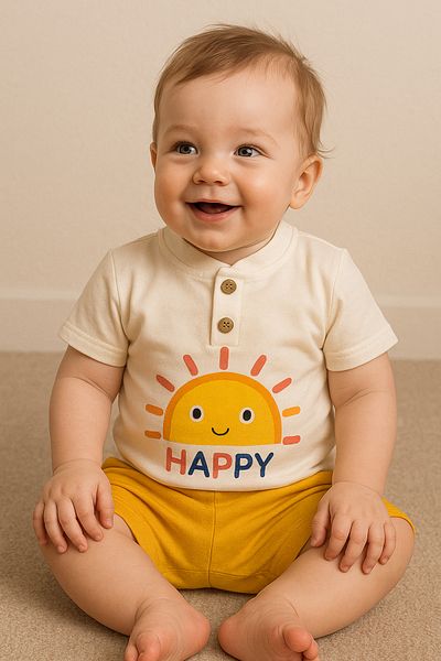 TRENDİMİZBİR Sun Printed Button Detailed Unisex Baby Shorts Summer Set – Mustard