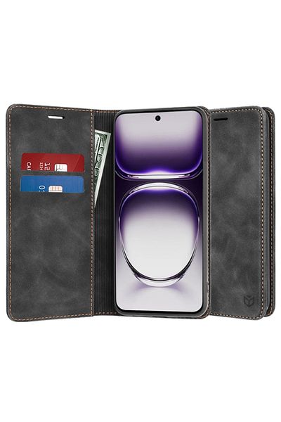 SKYDDAR INNOVATION Husă pentru Oppo Reno12, portofel moale, piele ecologică premium, tip card, neagră, set de autocolante