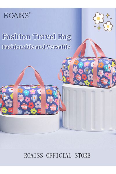 ROAISS New Trend Travel Duffel Bag Floral Pattern Sports Gym Tote Bag Shoulder Crossbody Overnight Bag for