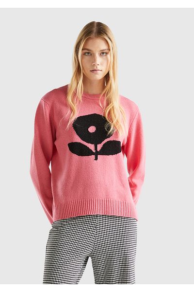 United Colors of Benetton Pulover de damă cu model de flori de trandafir prafuit - amestec de lână