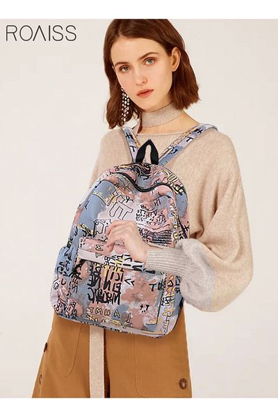 ROAISS Unisex Colorblock Graffiti Backpack Casual School Bag