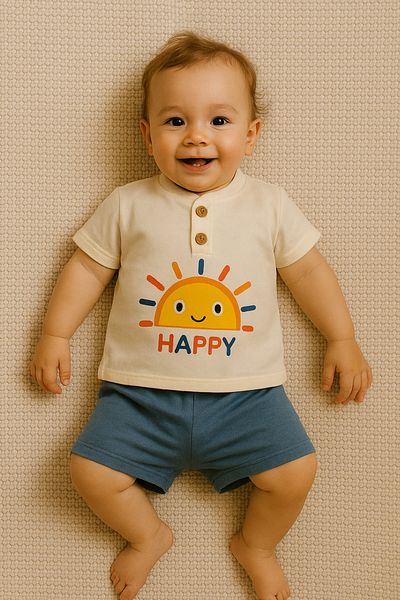 TRENDİMİZBİR Sun Printed Button Detailed Unisex Baby Shorts Summer Set – Blue