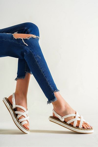 Artico Azuras White Cross Strap Rope Sandals