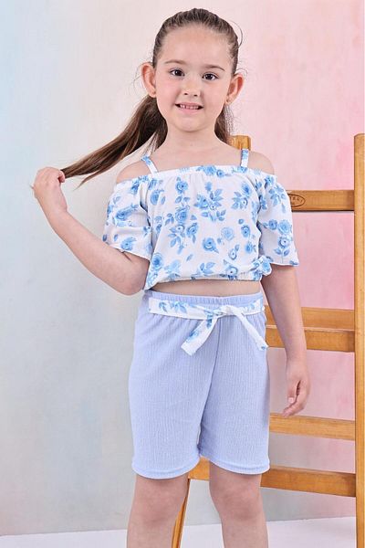 TRENDİMİZBİR Shoulder Open Floral Patterned Girl's Summer 2-Piece Set – Ice Blue