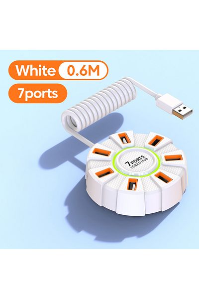 Choice موزع USB 2.0 أبيض 7 منافذ 0.6 متر، محول موزع USB متعدد المنافذ 10 منافذ، موزع USB عالي السرعة 5 جيجابت في الثانية، طاقة A