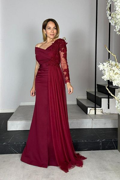 gesmoda G1341 Lace Detailed Maxi Design Dress Burgundy