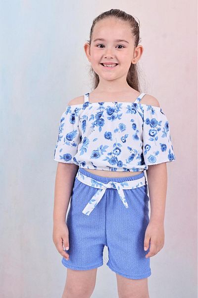 TRENDİMİZBİR Set de 2 piese de vară pentru fete cu model de flori deschise pe umăr – albastru