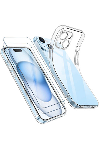 Evax (2 CAM 1 KILIF) Iphone 15 Uyumlu 1 Şeffaf Silikon Kılıf 2 Cam Ekran Koru...
