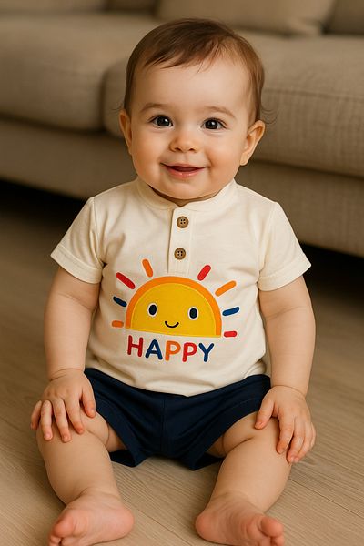 TRENDİMİZBİR Sun Printed Button Detailed Unisex Baby Shorts Summer Set – Navy Blue
