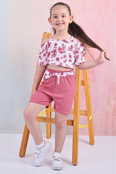 TRENDİMİZBİR Shoulder Open Floral Patterned Girl's Summer 2-Piece Set – Pink