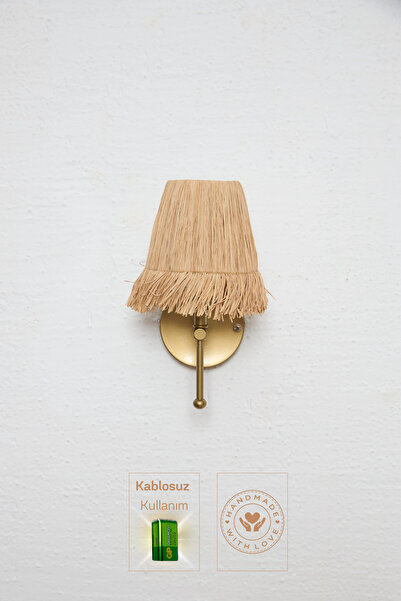 Maison Avf Bohem Hasır Rafya Saçaklı El Yapımı Eskitme Gold Kablosuz Pilli Ledli Aplik