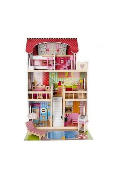 dollhouse Wooden Dollhouse with 3 Levels, 5 Rooms, Terrace, Barbecue, Pool, Deck Chair, Umbrella, LED Strip, 9