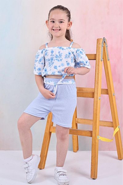 TRENDİMİZBİR Shoulder Open Floral Patterned Girl's Summer 2-Piece Set – Ice Blue