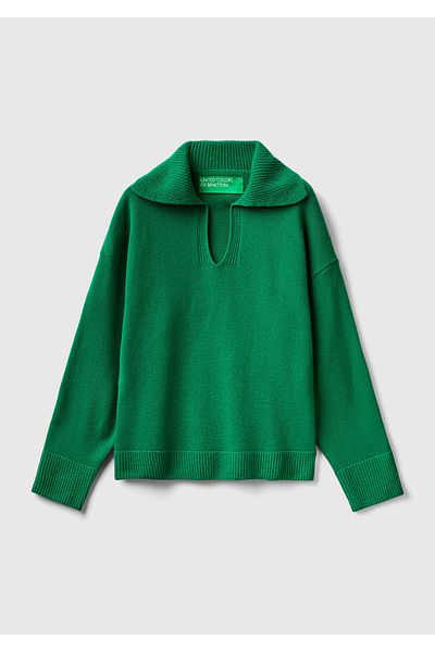 United Colors of Benetton Amestec de lână verde - Pulover polo pentru femei cu croială box