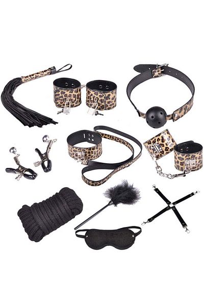 WildFashion Set fetish/BDSM din 11 piese, din piele ecologica cu print leopard, TOY72-899