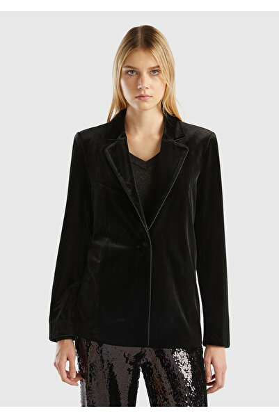 United Colors of Benetton Women's Black Single Button Velvet Jacket