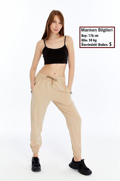 KRAVEN Γυναικεία μπεζ φαρδιά καλοκαιρινή φόρμα Jogger με ελαστικά πόδια, υφασμάτινο παντελόνι αλεξίπτωτου, με κρυφή τσέπη με φερμουάρ