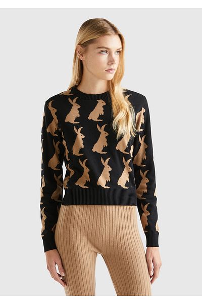 United Colors of Benetton Pulover negru de damă cu model iepure - 100% bumbac