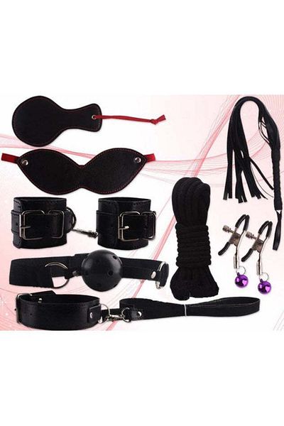 WildFashion Set 9 piese accesorii fetish/BDSM din imitatie piele, Negru, TOY70-1