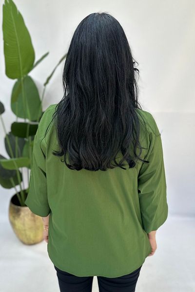 GÖKSEL Green Poplin Bluz with Side Buttons Large Size