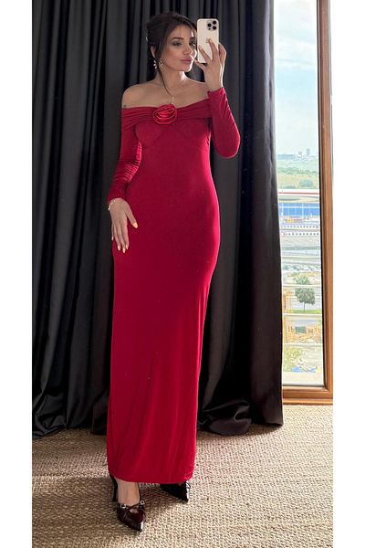 Daves Madonna Collar Rose Λεπτομερές ελαστικό μακρύ φόρεμα-Κόκκινο