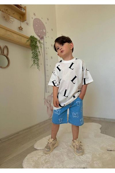 BİR DOZ ÇOCUK GÜLÜŞÜ Jeans Double Pocket Top Single-Jersey Fabric Tee Shirt Stylish Cotton Special Day Suit