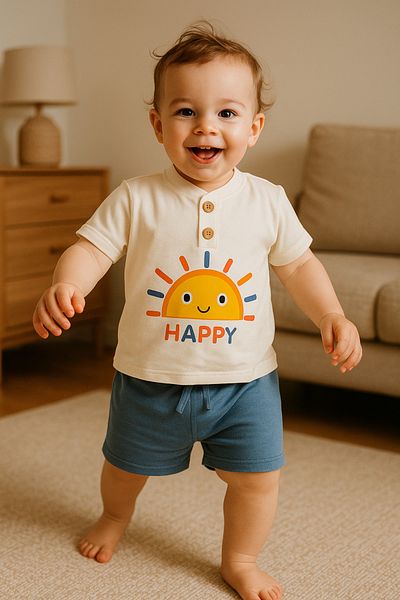 TRENDİMİZBİR Sun Printed Button Detailed Unisex Baby Shorts Summer Set – Blue