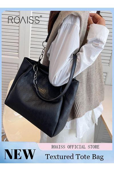 ROAISS Women Leather Tote Bag Ladies Geometric & Letter Embossed Twilly Shoulder Tote Bag