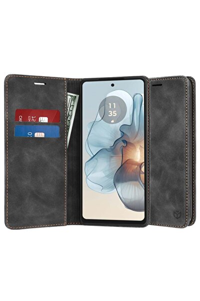 SKYDDAR INNOVATION Husă pentru Motorola Moto G24 Power, portofel moale, piele ecologică premium, tip card, neagră, set de stickere