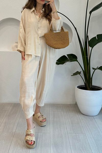 Suzi Women's Stone Color Oversize Shirt Shalwar Pants Pants Set 50957