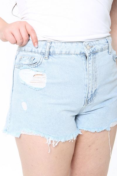 Şans Pantaloni scurți din denim cu 5 buzunare, albastru, cu detaliu rupt, mărime mare, pentru femei 65N38919