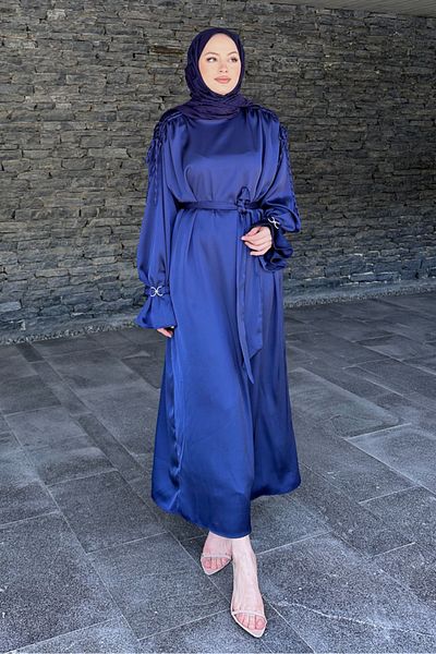 Ovn. Satin Dress with Sleeve Rubber Accessories - Navy Blue