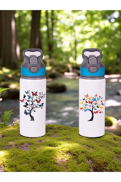 lili hediyelik Butterfly Tree Printed 2-Piece Water Bottle with Straw 650 ml