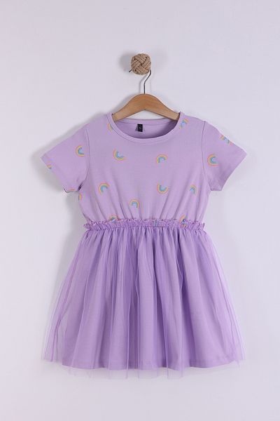 Pollito Girl's Lilac Tulle Detailed Rainbow Printed Dress