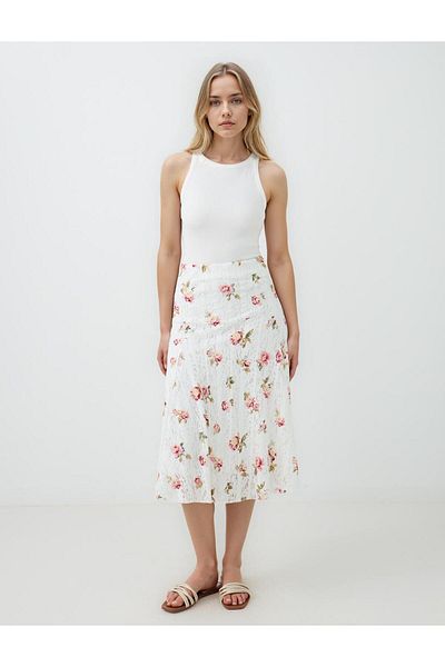 Jimmy Key Ecru Floral Patterned Regular Waist Knitted Midi Skirt