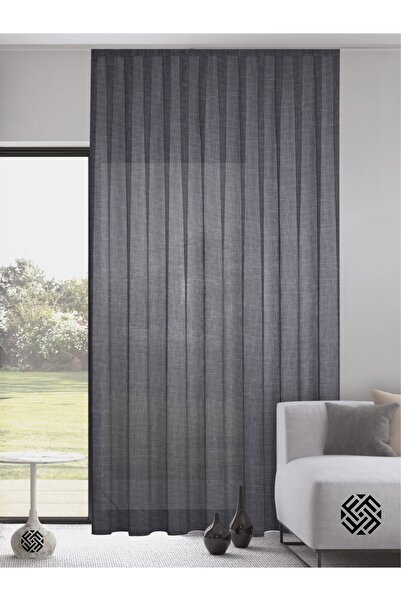FAVOLLİ Antrasit Renk Keten Görünümlü Pileli Tül Perde Ütü Istemez