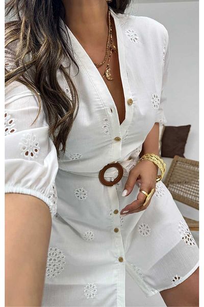 Sohotique By P Embroidered Belted Balloon Sleeve Mini Dress Ecru