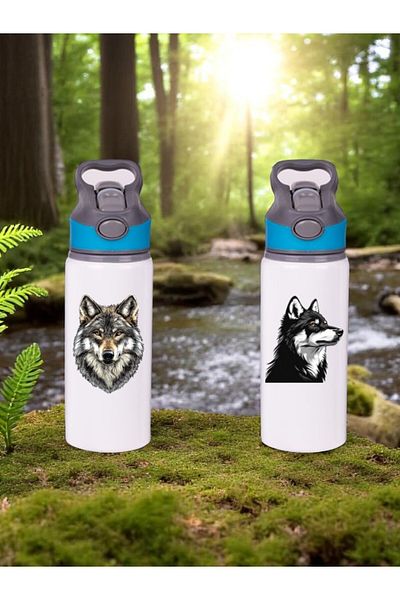 lili hediyelik Wolf Printed 2-Piece Water Bottle with Straw 650 ml